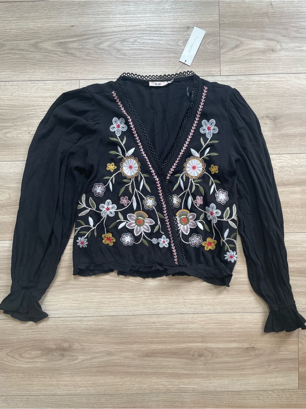NWT miami Black Embroidered Floral Wrap Blouse